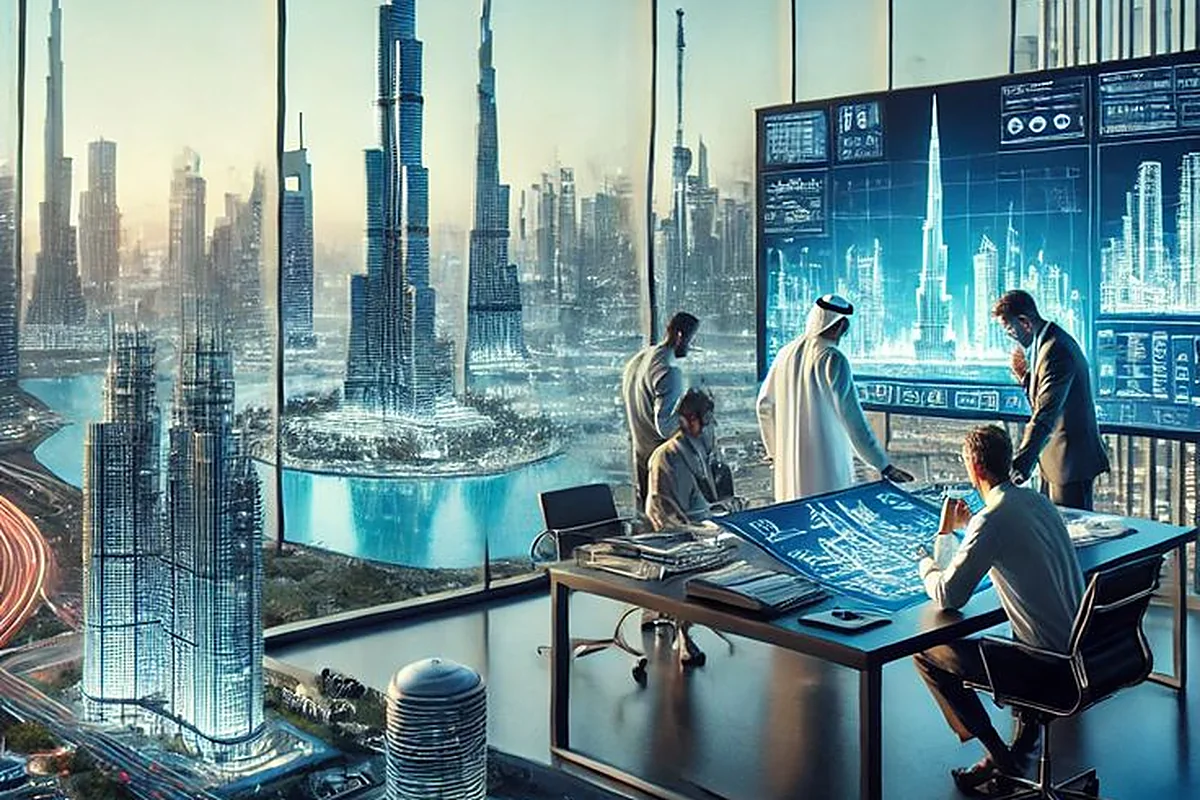 A team at work in an office overlooking the Dubai skyline