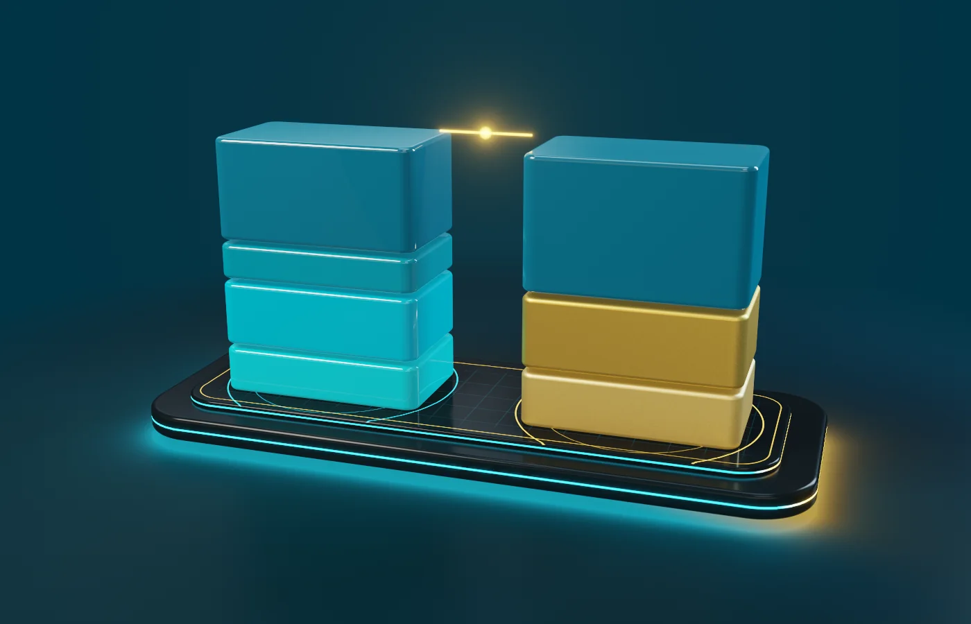 3D illustration of a statement of financial position: assets on one side, liabilities and equity on the other, in balance