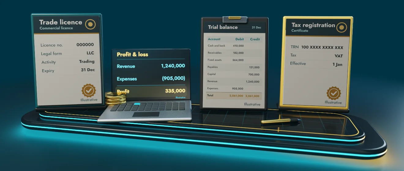 3D illustration of what to prepare for a first accounting consultation in Dubai: Trade licence, Accounting system, Latest trial balance, VAT and Corporate Tax status