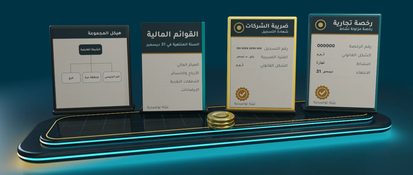 رسم ثلاثي الأبعاد لما تجهّزه قبل أول استشارة في ضريبة الشركات: الرخصة التجارية، شهادة التسجيل في ضريبة الشركات، القوائم المالية أو ميزان المراجعة، هيكل المجموعة أو المنطقة الحرة