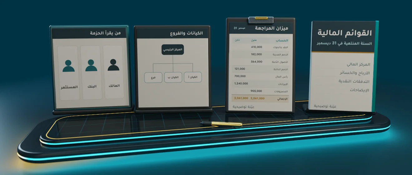 رسم ثلاثي الأبعاد لما تجهّزه قبل استشارة التقارير المالية: آخر القوائم المالية، ميزان المراجعة، الكيانات والفروع، من يقرأ الحزمة