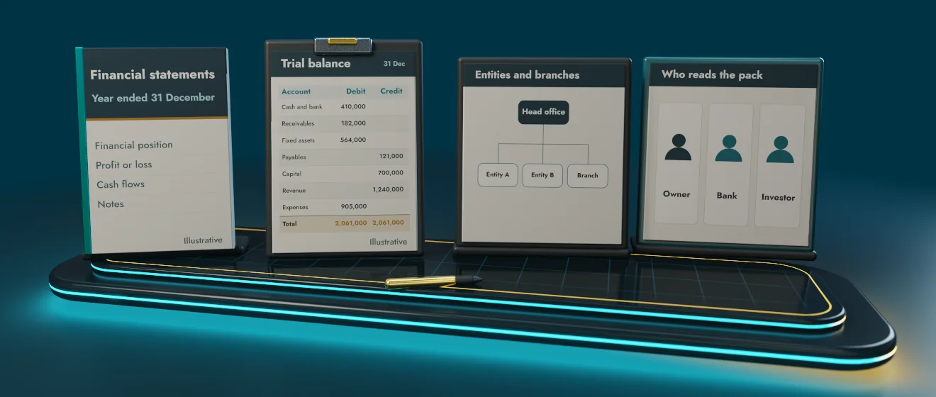 3D illustration of what to prepare for a financial reporting consultation: Latest statements, Trial balance, Entities and branches, Who reads the pack
