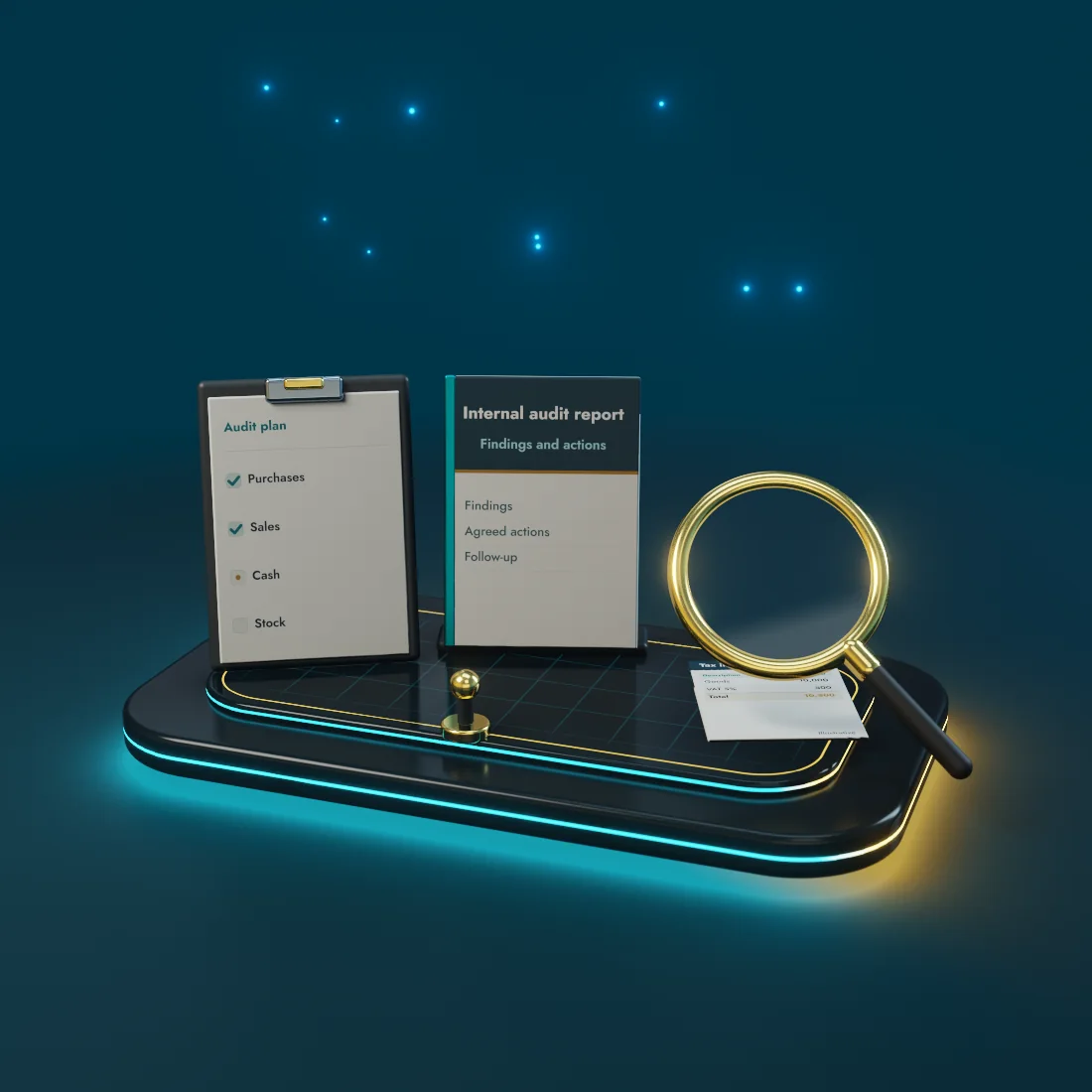 3D illustration of an internal audit cycle: tests, findings, actions and follow-up