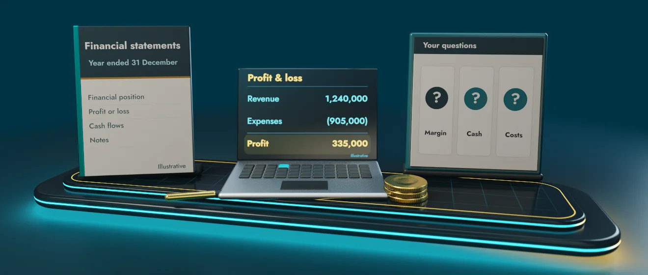 3D illustration of what to bring to a first management accounting conversation: Latest statements or trial balance, Your bookkeeping software, Your two or three questions