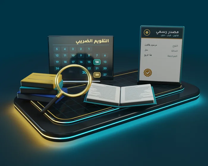 مشهد مجسّم: بطاقة مصدر رسمي، وكتاب قانون مفتوح، وتقويم ضريبي، وعدسة مكبّرة