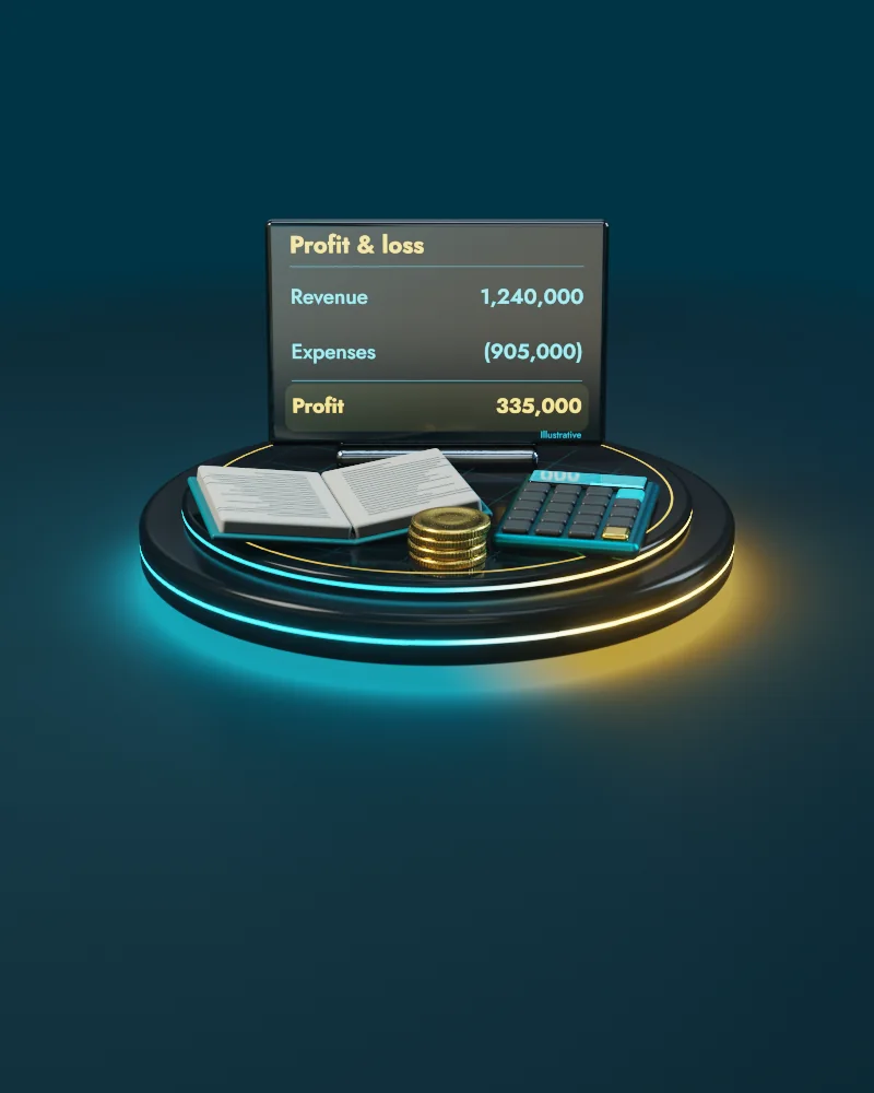 3D illustration of bookkeeping: source documents, ledger, reconciliation and reports