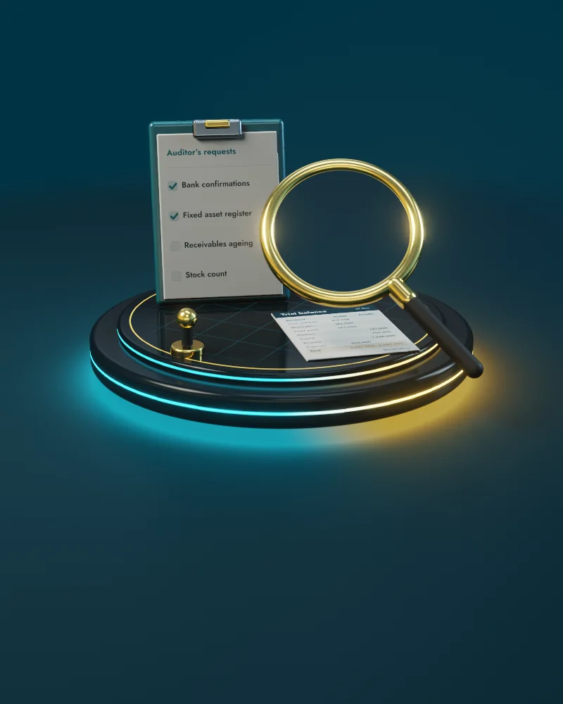 3D illustration of audit readiness: schedules, evidence and review under a magnifier