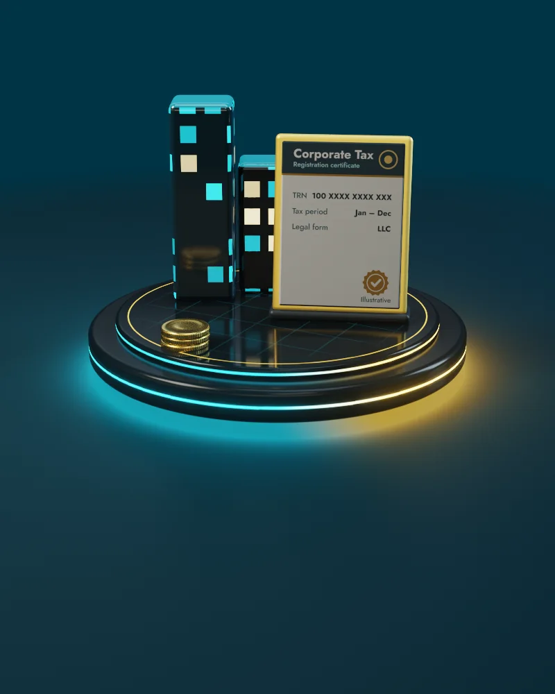 3D illustration of the UAE Corporate Tax year: registration, the financial year, closing the books, the return and filing