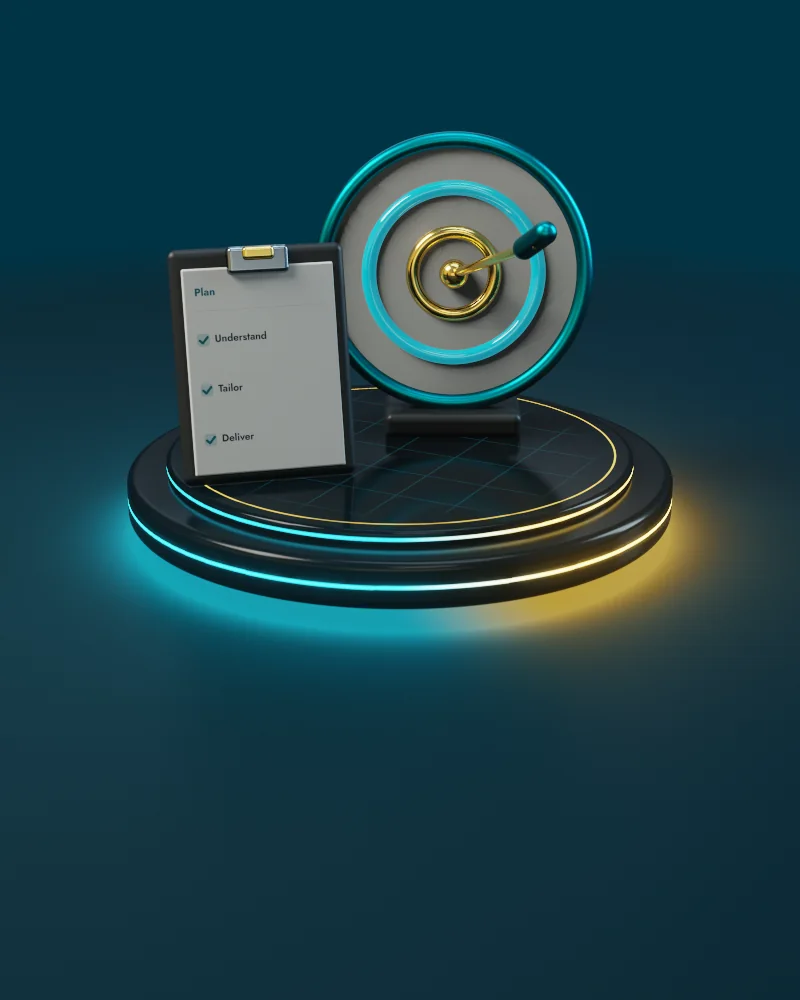 3D illustration of a mission: a target reached by an arrow, with the plan beside it