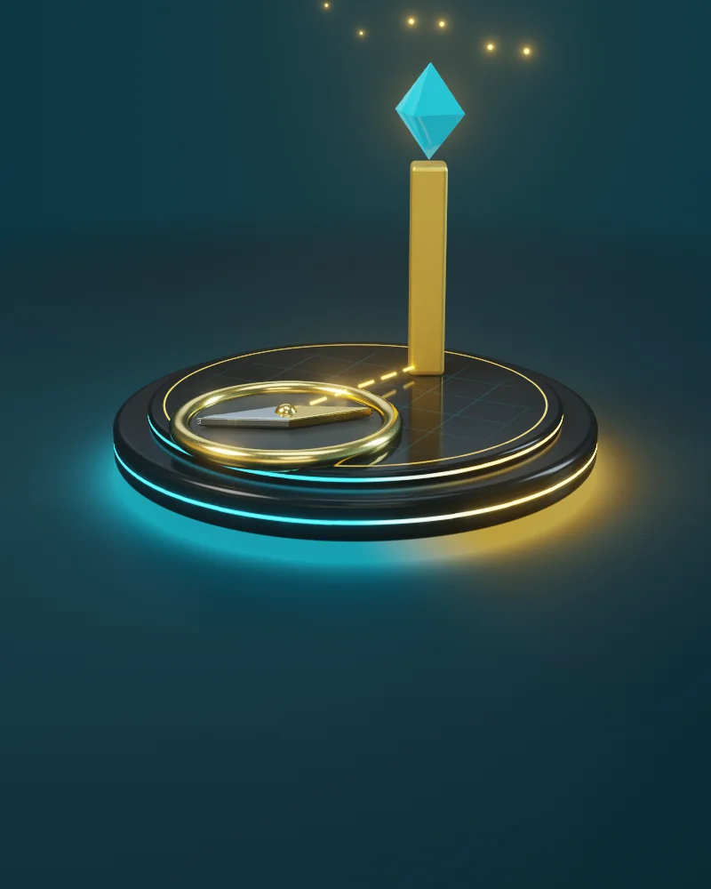 3D illustration of a vision: a compass and a line of light leading to a beacon