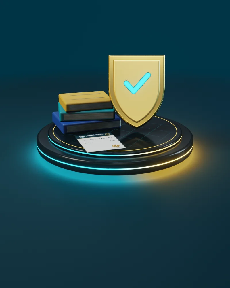 3D illustration: law books, a registration certificate and a gold shield